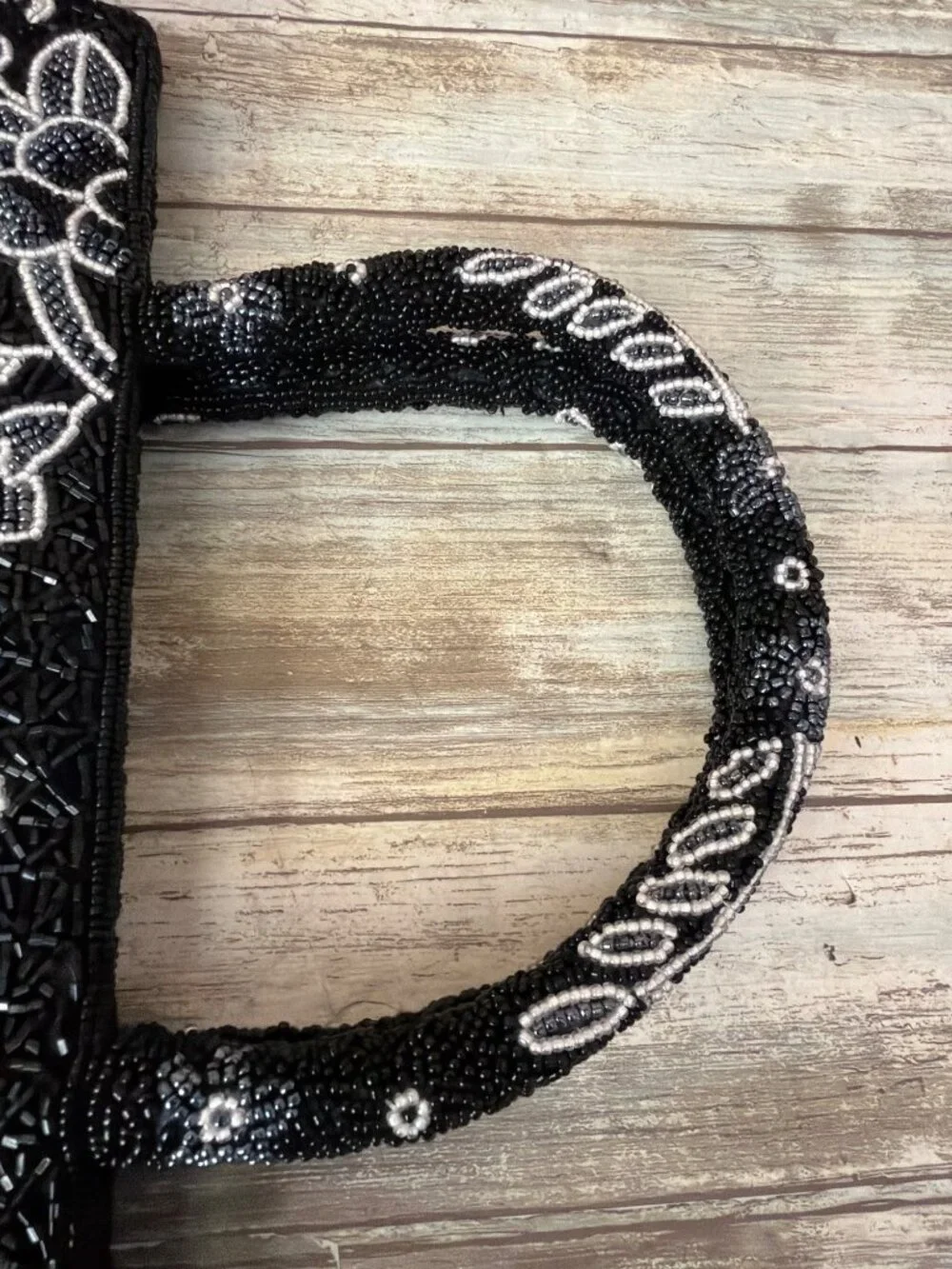 Vintage Black White Beaded Floral Evening Bag Top Handle Cocktail Purse - Picture 6 of 13